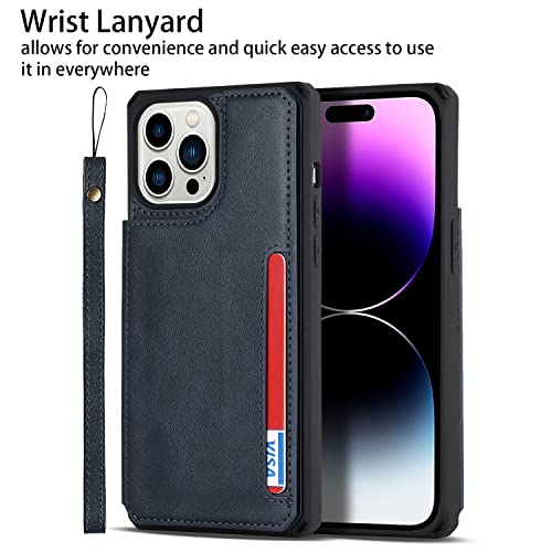 Image of Cavor for iPhone 14 Pro Case with Card Holder,for iPhone 14 Pro Wallet Case for Women Men,Phone Case for iPhone 14 pro with Stand Credit Card Holder, Leather Strap Shockproof Cover-Blue