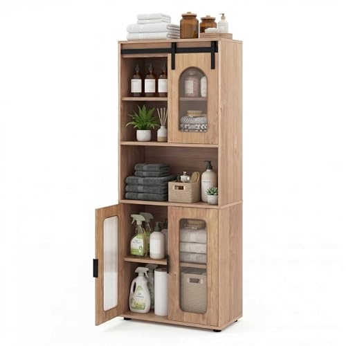 Image of Tangkula 59 inch Tall Bathroom Floor Cabinet, Freestanding Storage Cabinet with Sliding Barn Door & Open Shelves, Farmhouse Bathroom Storage for Kitchen, Living Room, Dining Room (Natural, 59 inch H)
