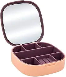 Espelho de Bolsa com Estojo Porta Joias Compacto Organizador de Anéis, Brincos, Colares e Batom – Case Portátil de Viagem, Espelho Facial (Rosa)