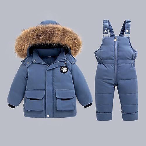 BlzzWo Schneeanzug Kinder,Baby Kleinkind Softshellanzug Jungen Mädchen Winteranzug Skianzug Daunenjacke mit Fellkapuze & Daunenhose (01-3-blau,2-3 Jahre)