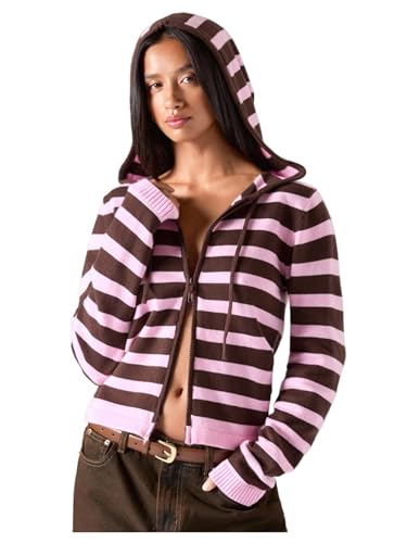 Verdusa Women's Striped Sweater Cardigan Long Sleeve Zip Up Hoodie Fall Clothes Pink and Brown Small