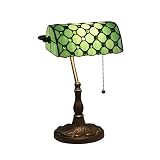 QJUZO Lampada da Tavolo Tiffany Classica, Lampada da Scrivania Banchiere Ufficio Antica,Camera da letto Lampada da Comodino,con Interruttore,Vetro Multicolore,Base in lega di Zinco,E27,Verde
