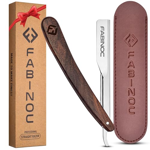 FABINOC® Cut Throat Razor Kit - Professional Barber Straight Razor with Wooden Handle - Single Edge Blade Shaving Razor for Moustache & Beard - Pouch Included - Blades NOT Included (SILVER)