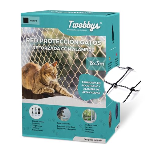 Twobbys® Red para Gatos Terraza Reforzada con Alambre | 8x3m Recortable | Red Gatos Terraza,...