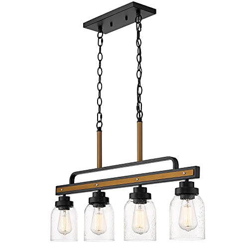 Audickic Farmhouse Kitchen Island Lighting, 4-Lights Chandelier Hanging Light with Seeded Glass Lampshade, Black and Vintage Brass Metal Frame, Dining Room Hanging Pendant Light, AD-2149-4P