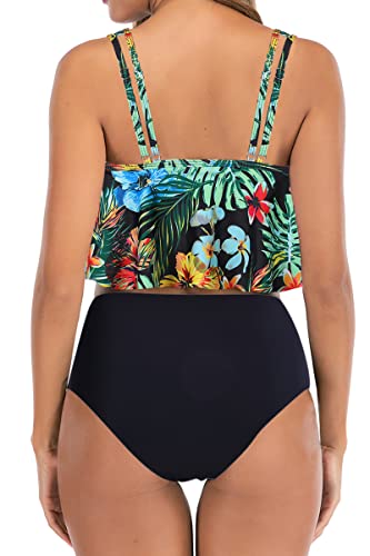 Womens High Waisted Swimsuits Flounce Swimwear Racerback Tankini Tummy Control Bikini Bottoms Vintage Two Piece Modest Bathing Suits Colorful Tropical M #TOP1