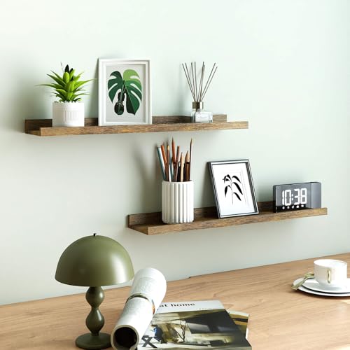 Image of Brown Floating Shelves for Wall Decor, 30 in Shelf with Lip Set of 2 | 4.5 inch Deep Display Picture Ledge Shelf, Long Wall Mounted Storage Shelves for Bedroom, Bathroom, Living Room, Kitchen, Nursery