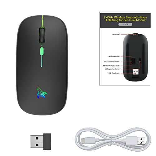 TQQ Maus Kabellos, 2,4 GHz-USB funkmaus, Bluetooth Maus, 1600 DPI Optical Tracking, Wiederaufladbare LED-Dual-Modus Mouse für Laptop, PC, iOS, Android, iPad, Windows
