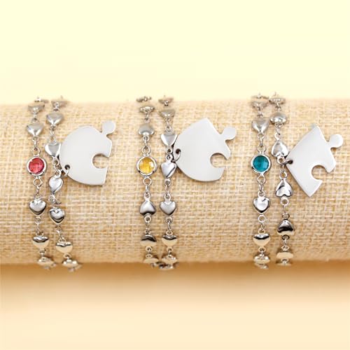 Image of 3PCS Love Heart Chain Bracelet Set for Women Graduation Gift Heart Puzzle Friendship Bracelet Personalized Name 3 Bracelets Customized Best Friends Family Love Jewelry SA4886