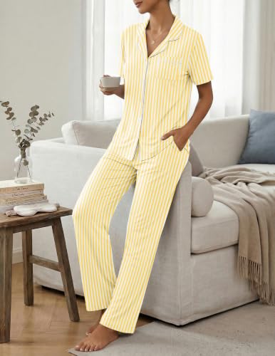 Image of Womens Pajamas Sets 2 Piece Button Up Pj Sets Short Sleeve with Long Pant