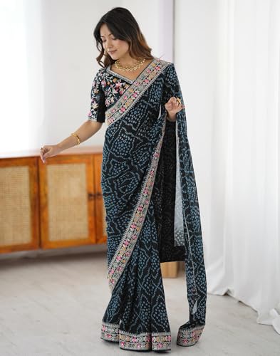 Image of SIRIL Women's Georgette Bandhani Printed Saree with Unstitched Blouse Piece