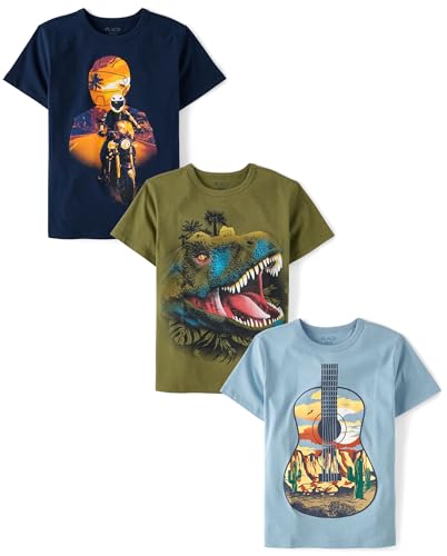 The Children's Place,Boys,Dino Short Sleeve Graphic T-Shirts,Multipacks,Dino/Desert Guitar/Night Biker 3-Pack,Small