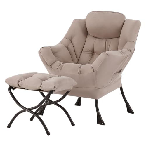 Welnow Lazy Chair with Ottoman, Reading Chair with Footrest，Khaki