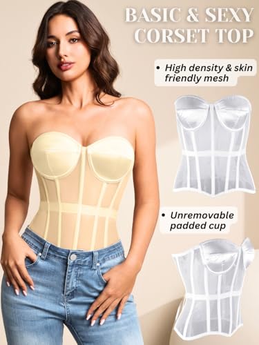 Image of Kaei&Shi Sheer Mesh Overbust Corset,Sexy Strapless Lace Up Satin Bra Corsets Top For Women Shapewear