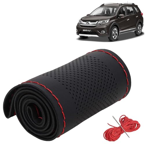 Image of KINGSWAY PU Leatherite Car Steering Cover Sewable Compatible with Honda BRV (Year 2016-2020), Black Color with Red Thread, Pack of 1 with Sewing Needle and Thread