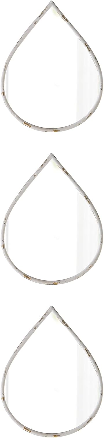 Rustic Tear Drop Mirror Wall Decor 12 X 15 Inch, Set of 3 Hanging Distressed White Decorative Small Wall Mirror, Unique Metal Mirrors for Living Room Bathroom Vanity Entryway Hallway
