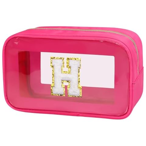 Gloppie Initial Letter Clear Makeup Bag Preppy Cosmetic Bags Travel Toiletry Bag Chenille Letter Bag Gift for Women Letter H Cover