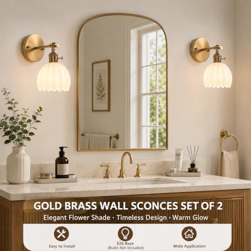 Image of 1-Light Gold Brass Bathroom Light Fixture,Wall Sconces set of 2,Brushed Gold Vanlity Light Over Mirror,Bathroom Vanity Light with White Tulip Glass Flower Shade,E26 Socket(Bulbs Not Included)