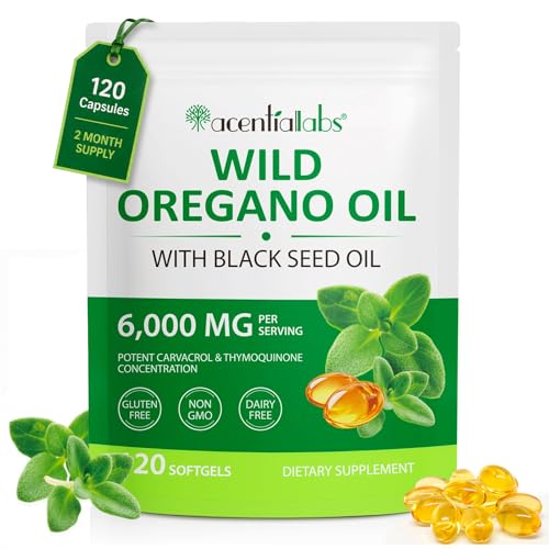 Oregano Oil Softgels - 2 in 1 6000mg with Black Seed Oil 200mg - 165mg Carvacrol - Natural High Potency Immune & Digestive Support 120 Capsules Cold-Pressed