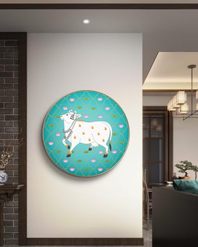 Image of SAF Large Round Pichwai Cow Wall Painting with golden frame Vinyl Sparkle laminated||Home decor Painting,Living Room, Bedroom,Office Room Decor - Painting for Wall Decoration GRL-14A