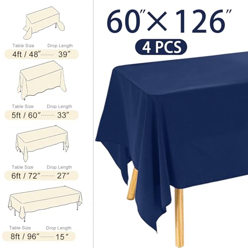 Image of 4 Pack Rectangle Tablecloth 60x126 Inch Navy Blue Washable Polyester Table Cover for Wedding Dining Table Buffet Parties Banquet Decor