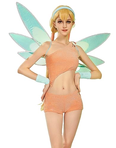 Winx Club Stella Cosplay Costume de fée pour femme avec haut asymétrique et short avec paire d'ailes