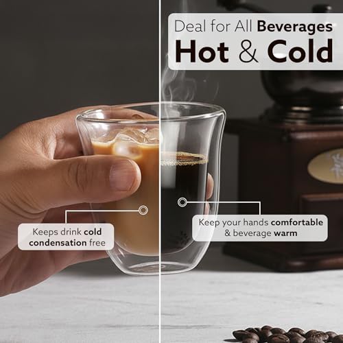 Image of AGARO Elite Double Wall Glass Espresso Cups 80ml, Pack of 2 | Premium Borosilicate, Heat Resistant, Ideal for Coffee, Tea, Latte, Microwave & Dishwasher Safe