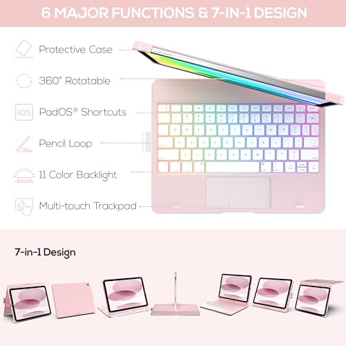 Image of typecase Touch iPad 11th 10th Generation Case with Keyboard (11 inch 2025, A16 & 10.9 inch 2022) - 360 Rotatable, 11-Color Backlit, Multi-Touch Trackpad, Pencil Holder, Thin & Light - Light Pink