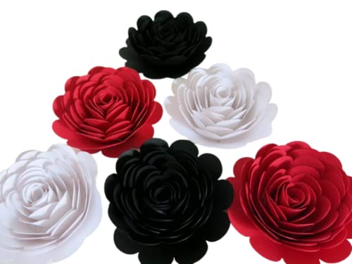 Always In Blossom 6 Pack Cardstock Paper Roses – 2.5–3 Inch 3D Floral Decor – Red White Black