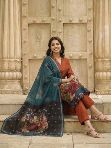 Image of GoSriKi Women Viscose Blend Printed Straight Kurta with Pant and Dupatta | Ladies Kurta Pant Dupatta Set | Women Ethnic Wear Dress | Indian Traditional Clothing for Girl