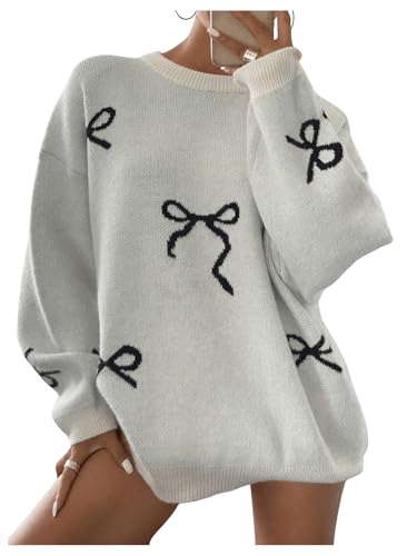 Women's Bow Print Sweater Long Sleeve Crew Neck Knit Oversized Pullovers Sweaters
