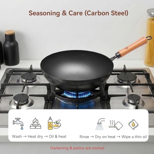 Image of WANGYUANJI 11 Inch Round Bottom Iron Wok, Hand-Hammered Uncoated Wok with Wooden Handle, Traditional Stir-Fry Pan for Gas Stove or Wok Ring, Not for Flat Cooktops