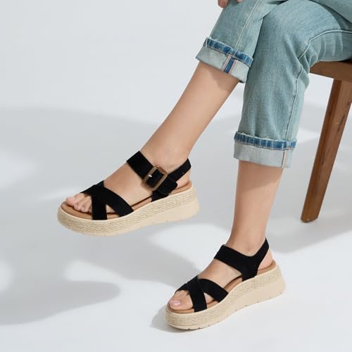 Image of UBFEN Womens Espadrille Platform Sandals Low Wedge Orthopedic Arch Support | Cushion Insole, Comfortable Dressy Buckle Sandals for Walking and Vacation, Low Heel, Adjustable Strap