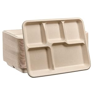 Comfy Package, 100% Compostable 5 Compartment Plates [125 Pack] Eco-Friendly Disposable Sugarcane 10 inch Paper Trays – Brown Unbleached