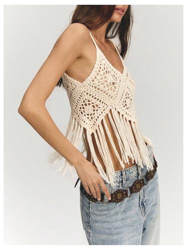 SweatyRocks Women's Fringe Crochet Tops Summer Boho Hollow Out Knitted Sleeveless V Neck Cami Top4