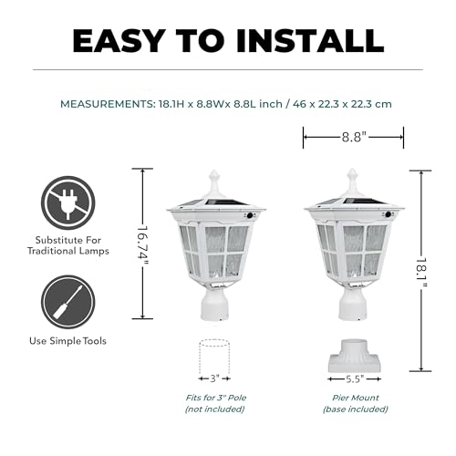 Kemeco ST4311AQ-W Solar Post Light Outdoor, Dusk to Dawn Bright Classic Post Lamps for Patio Yard Gates Deck Pathway Garden Pole Mount (White, Lamp) - Thumbnail 5