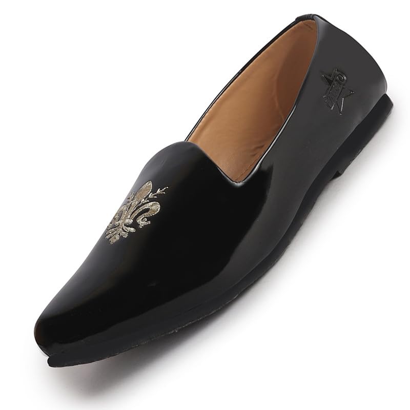 Image of FAUSTO Men's Patent Glossy Ethnic Embroidered Design Slip On Shiny Juttis & Mojaris for Party|Wedding|Festival