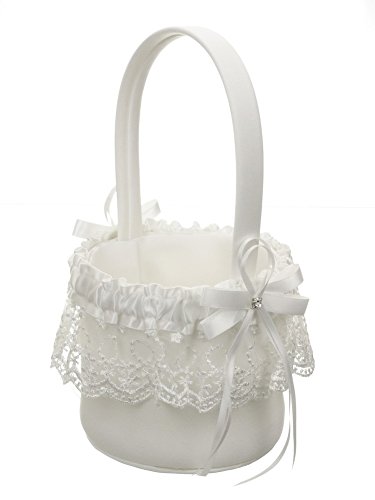 DivaDesigns Wedding Flower Girl Basket Ruffle Lace Square Crystal Ribbon - White