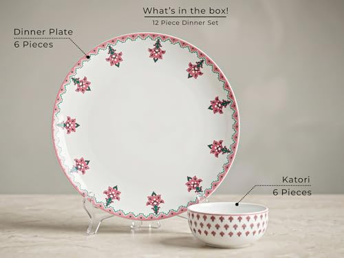 Image of Bodhi House Premium Porcelain Dinner Set 12 Pieces Serving for 6 | Pink Blossom Floral Design | Microwave & Dishwasher Safe | Crockery Set | Dinnerware Set for Home, Dining, Kitchen & Gifting