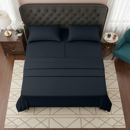 Image of Elegant Comfort Luxurious 1500 Premium Hotel Quality Microfiber Three Line Embroidered Softest 5-Piece Bed Sheet Set, Wrinkle and Fade Resistant, Split King, Black