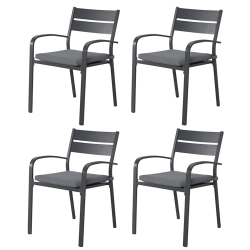 Soleil Jardin Outdoor Aluminum 4-Piece Patio Dining Chairs with Cushions, Stackable Bistro Chairs for Balcony, Garden, Backyard, Dark Grey Finish & Grey Cushion