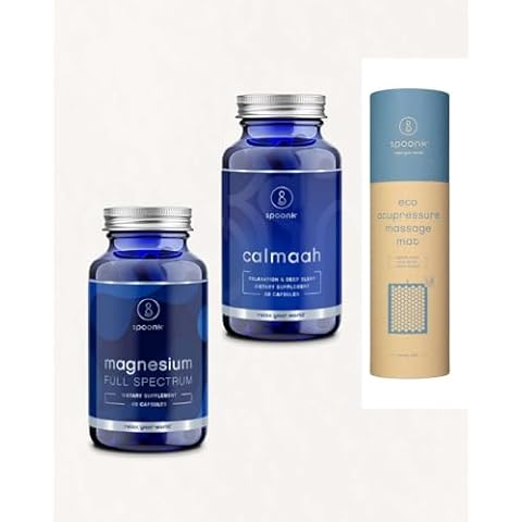 Spoonk Sleep Set Acupressure Travel Size mat in Organic Hemp Combined with a Full Spectrum Magnesium and Calmaah Organic Herbal Remedy for Calming and Relaxation Cover