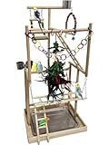 Niwaes 4-Tier Large Wooden Bird Playground with Trays Cups Ladder - Parrot Playstand, Birds Play Stand, Wood Perch Gym for Parrots Cockatiels - Durable Multi-Level Bird Activity Center