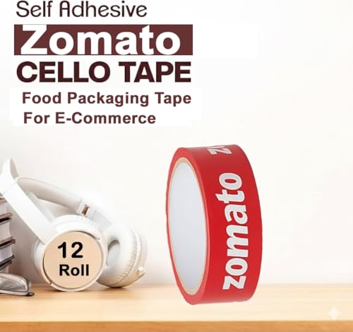 Image of Zomato Printed Packaging Tape - 65 Meters in Length - 24mm (1 Inch) Width- 12 Roll Per Pack- High Strength Adhesive Shipping Tape for Carton Sealing, Courier & Parcel Packing