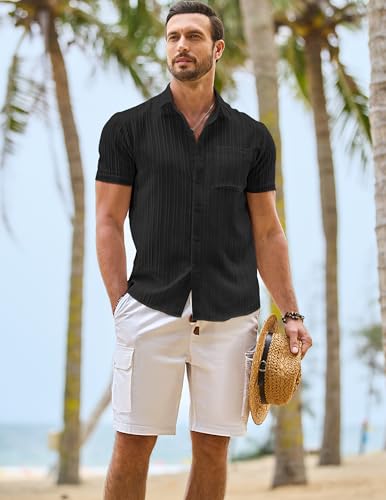 JMIERR Hawaiian Shirt for Men Button Down Short Sleeve Shirts Textured Casual Summer Beach Linen Shirts4