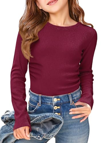 ZDC Kids Girls Long Sleeve Shirts Crewneck Ruched Side Slim Fit Tops Ribbed Knit Casual Tee Shirt 5-14 Years Burgundy