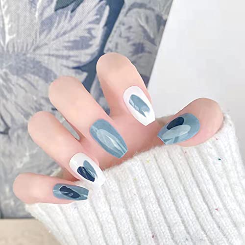 Fake Nails with Design, Short Ballerina Press on Nails Blue Graffiti Stick on Nails for Women, Medium Length False Nail Art Equitment for Girls - 24 Pcs