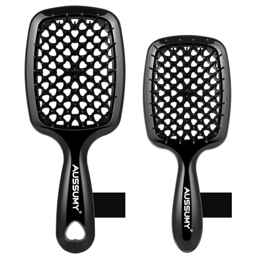 Aussumy Vented Detangling Hair Brush - 2 Pack Regular & Mini Round Detangler Hairbrush with Soft Bristles for Effortless Tangle Free - Ideal for Wet Dry or Damaged Hair for Women Men Kids - Black