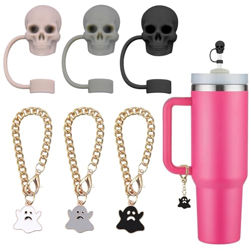 KWOYOS Skull Straw Cover Cap, Halloween Straw Cover Caps 10mm for Stanley Cups, Stanley Cup Accessories (3 Caps + 3 Chains)