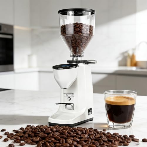 XEEAOFE Molino de Café de Muelas Planas, Molinillo Eléctrico con 19 Ajustes Precisos, Capacidad de 500g, Soporte para Portafiltros Integrado y Pantalla LED para Todos los Métodos de Elaboración White
